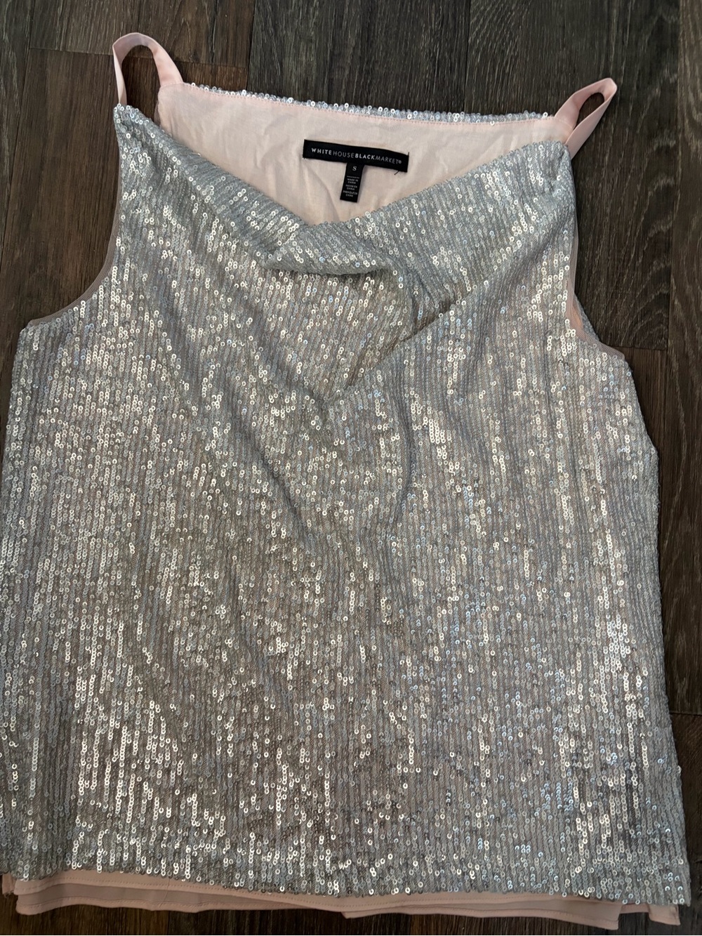 White House Black Market Silver Sequin Cowl Neck Cami with Pink Lining